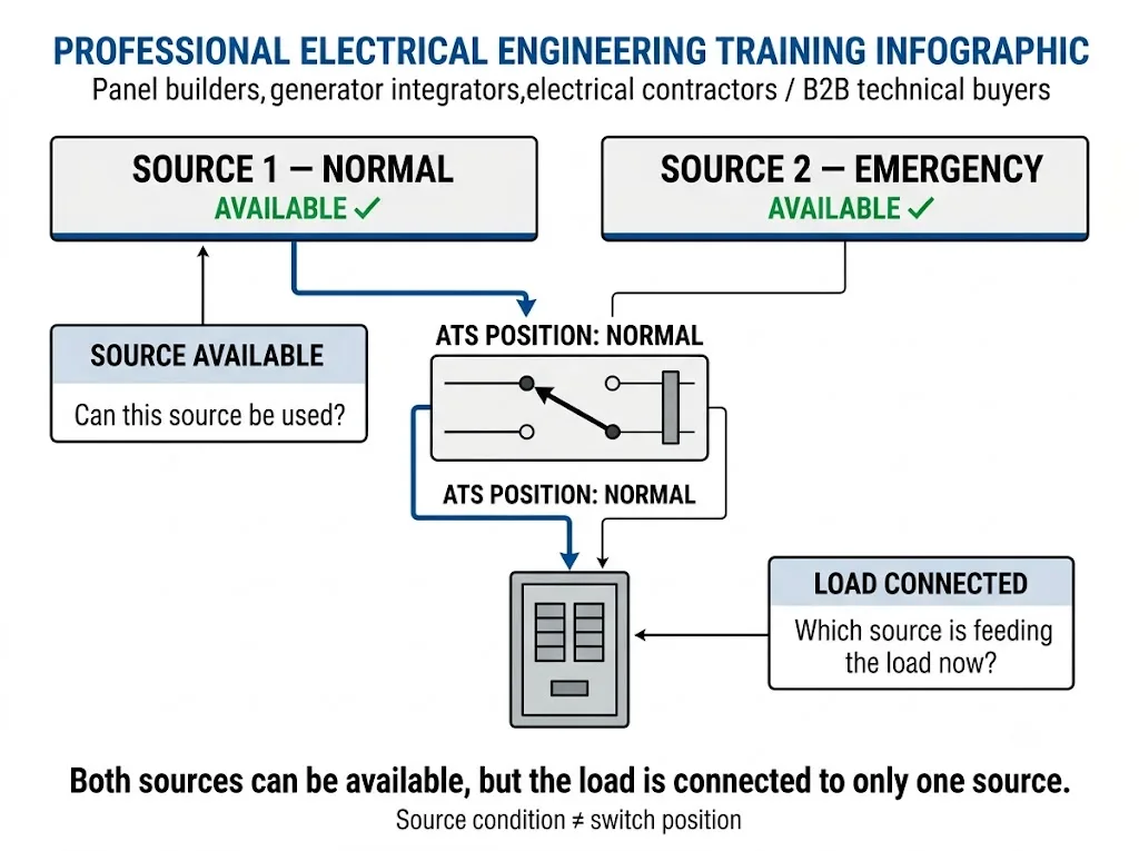 ATS engineering diagram showing that source availability and actual load connection are different operating states