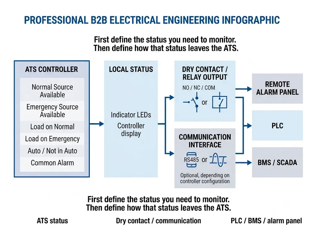 Conceptual ATS status signal flow from local indicators through optional outputs to PLC BMS or remote alarm systems