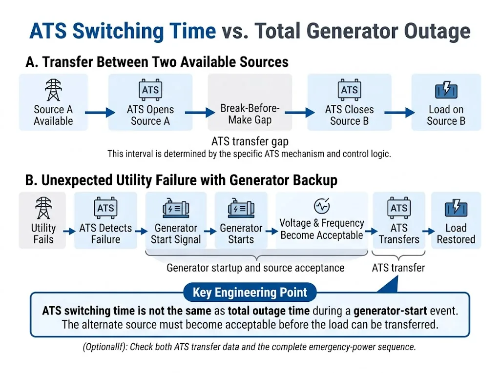 Comparison of ATS transfer time and total generator backup outage during a utility power failure