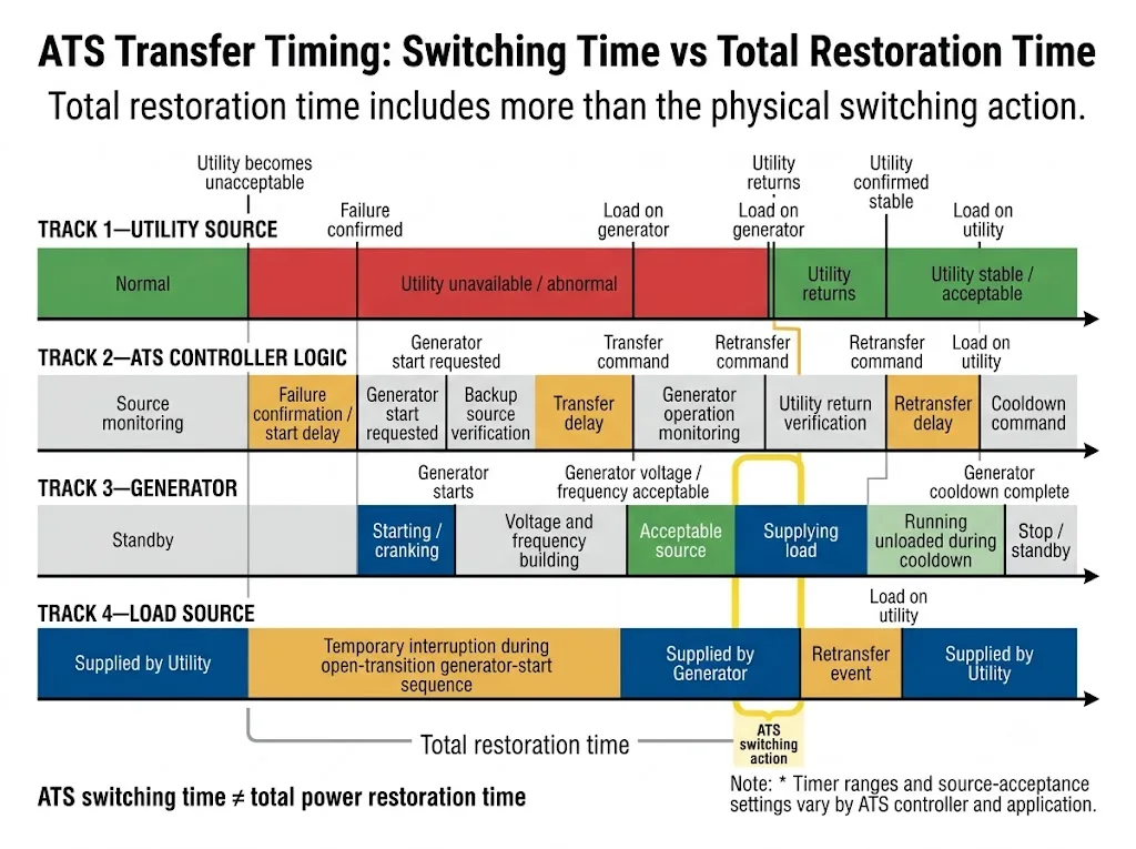 ATS transfer timing diagram showing utility failure, generator start, source stabilization, transfer, utility recovery, retransfer delay and generator cooldown