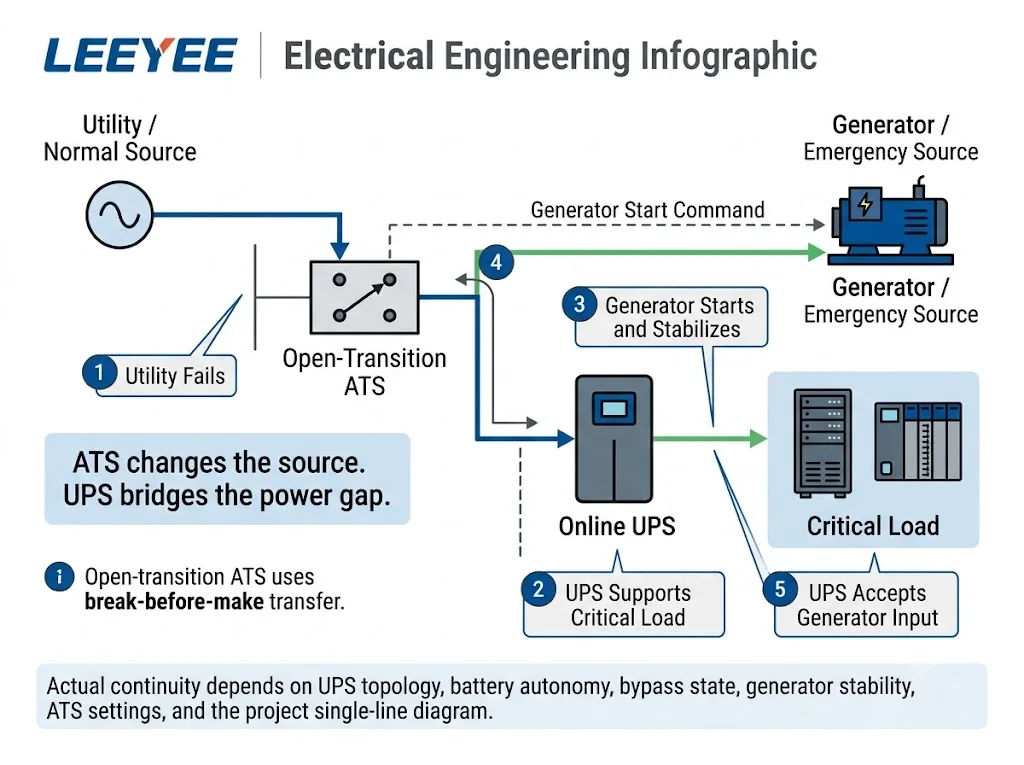ATS and UPS coordination diagram showing utility, generator, automatic transfer switch, UPS, and critical load