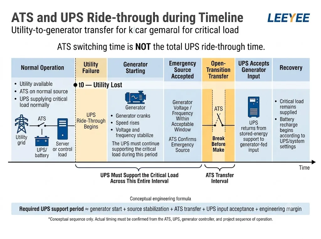 ATS UPS transfer timeline showing utility failure, UPS ride-through, generator startup, ATS transfer, and UPS recovery