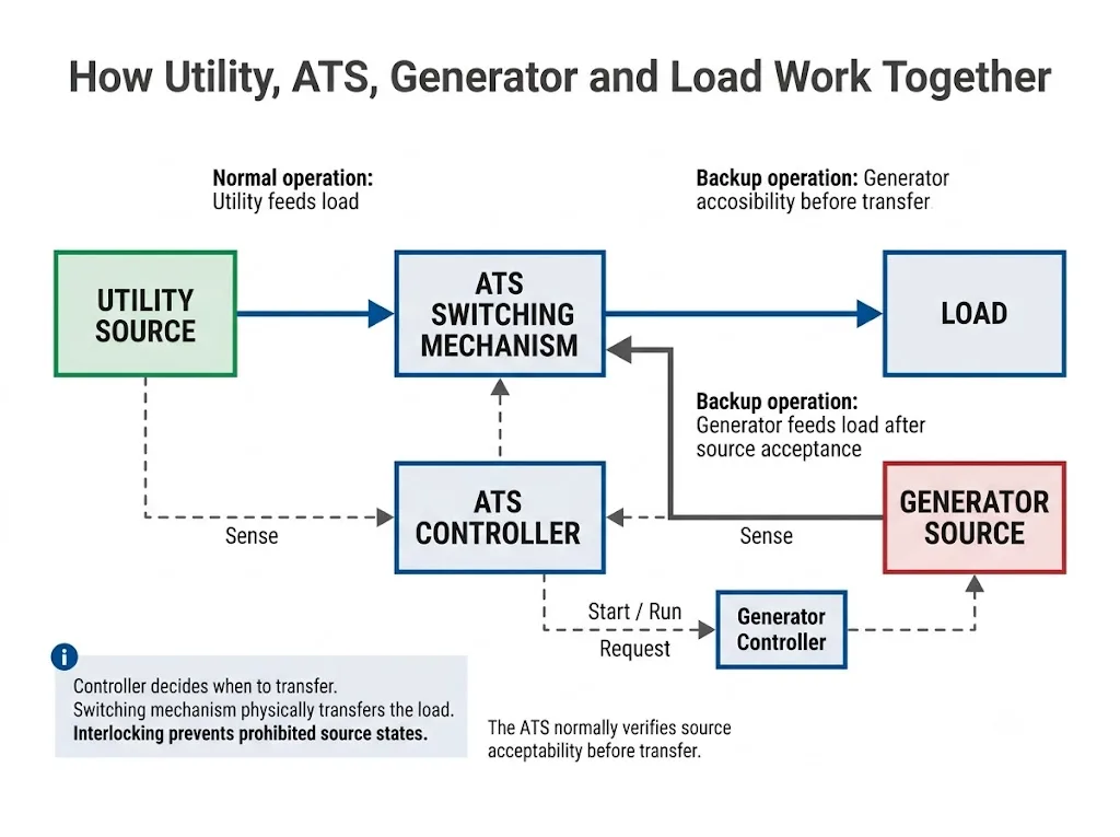 Utility generator ATS and load diagram showing electrical power paths and generator start control signal