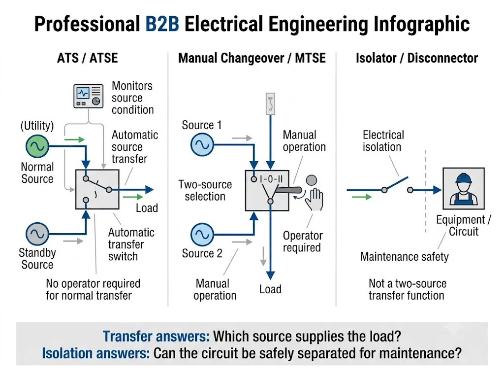 ATS vs manual changeover switch vs isolator functional comparison for electrical power systems