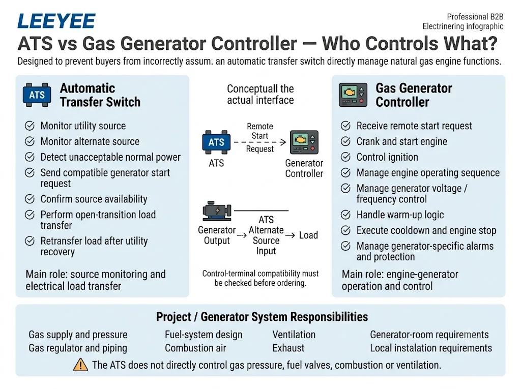 ATS versus gas generator controller responsibilities showing source transfer functions and generator control functions