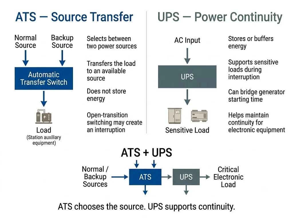 ATS versus UPS function diagram for railway station backup power systems