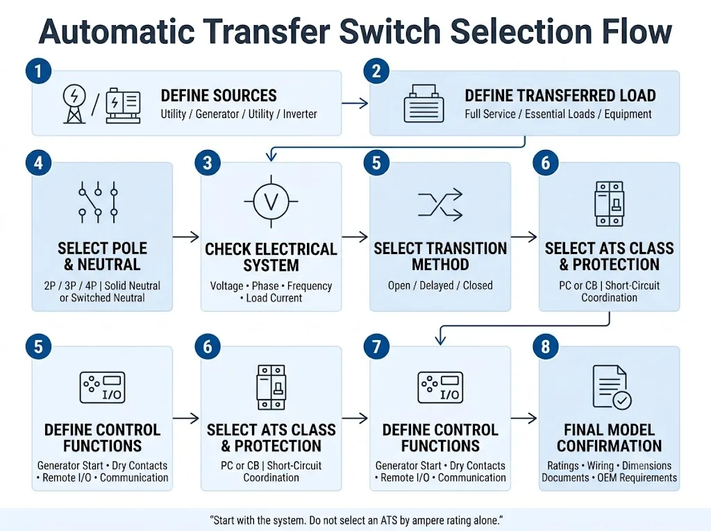 Automatic transfer switch selection flow for panel builders and OEM buyers