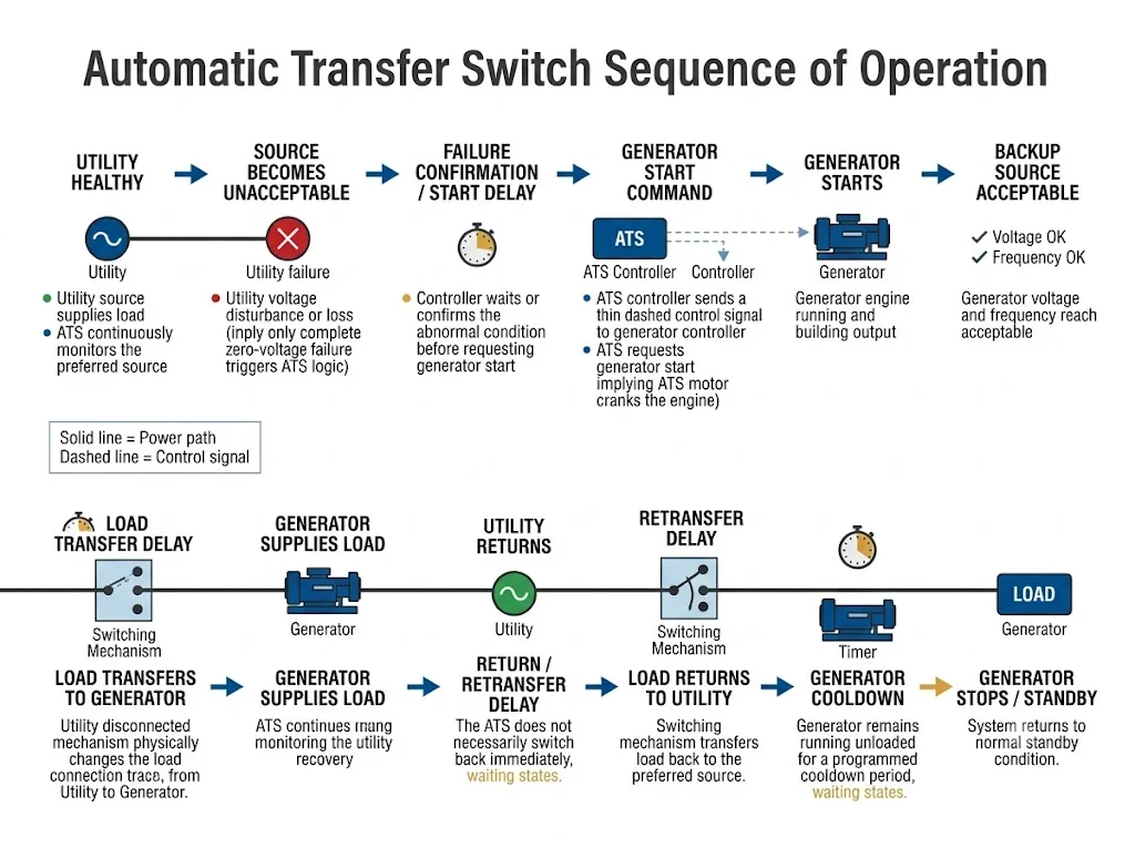 Automatic transfer switch sequence of operation from utility failure to generator start, load transfer, utility return, retransfer and generator cooldown