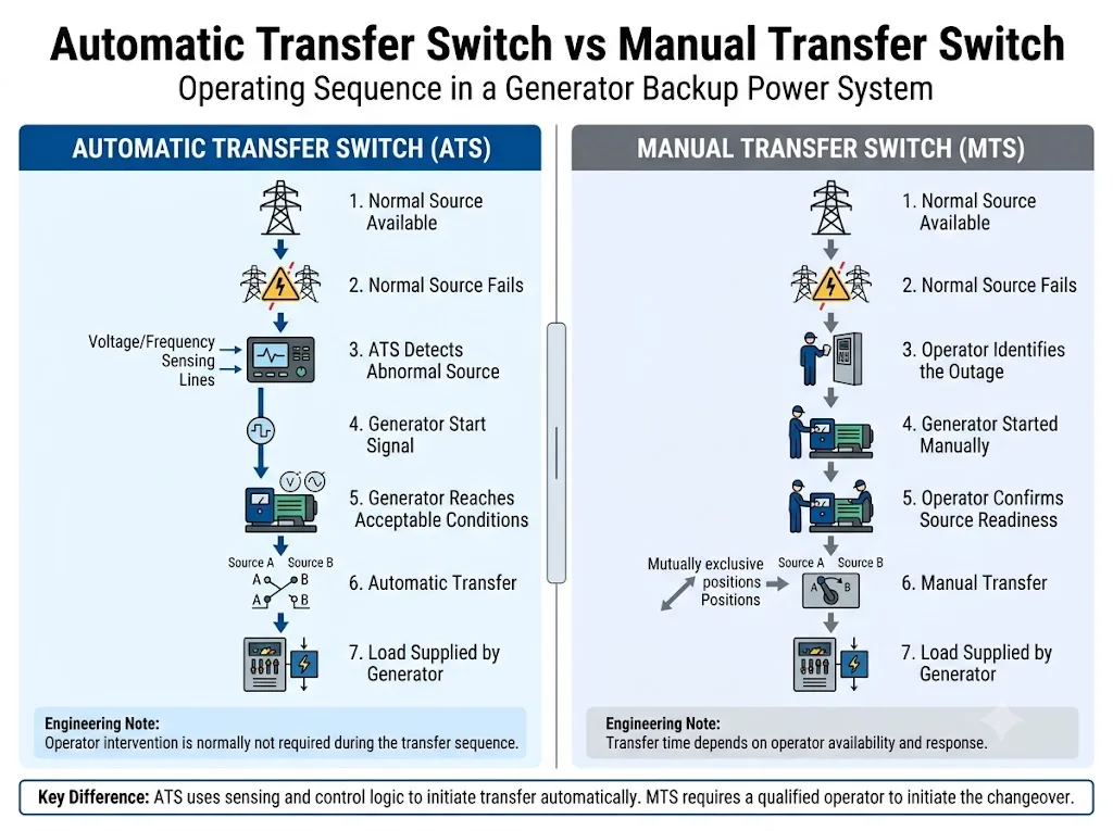 Automatic transfer switch vs manual transfer switch operating sequence for generator backup power systems