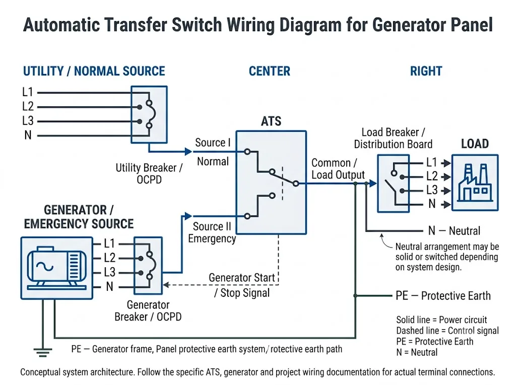 Schema elettrico dell'interruttore di trasferimento automatico (ATS) che mostra i collegamenti tra il generatore di rete, l'ATS e i carichi