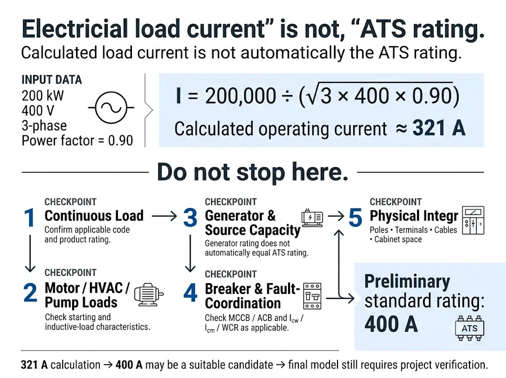 Example showing why calculated load current is not the final automatic transfer switch size