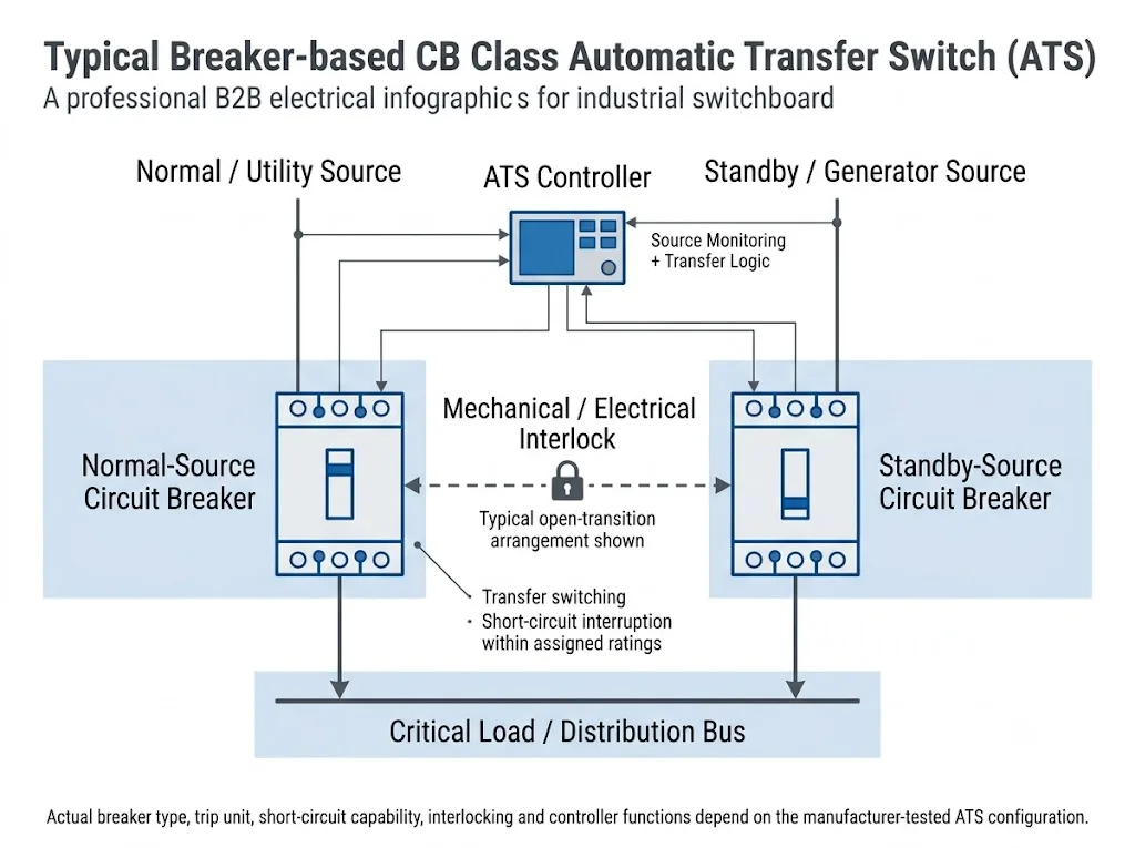 Breaker-based CB Class automatic transfer switch architecture with normal source, standby source, circuit breakers, interlocking, ATS controller, and load