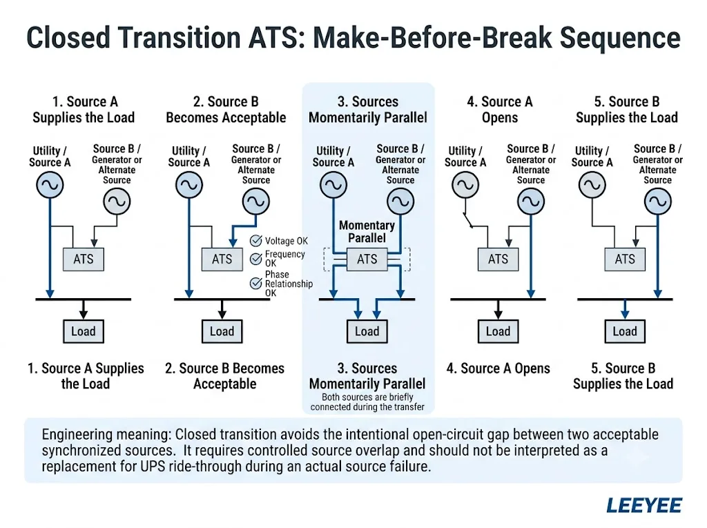 Closed transition ATS make-before-break sequence showing momentary paralleling of two synchronized power sources