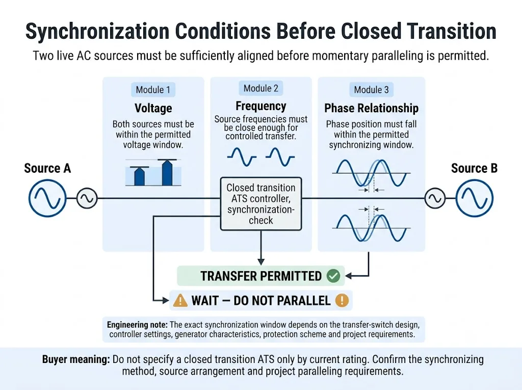 Closed transition ATS synchronization conditions for voltage frequency and phase relationship before source paralleling