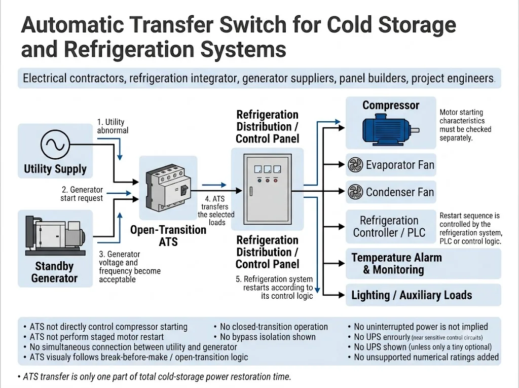 Cold storage automatic transfer switch backup power system diagram with utility supply generator and refrigeration loads