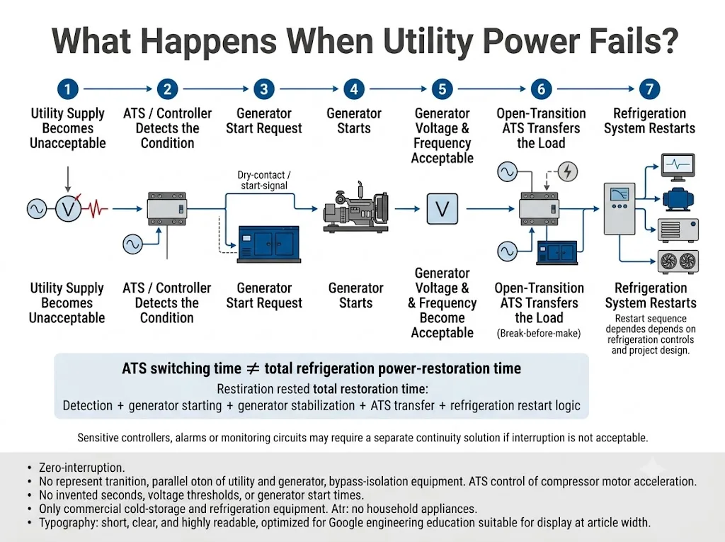 Cold storage generator and ATS power restoration sequence from utility failure to refrigeration system restart