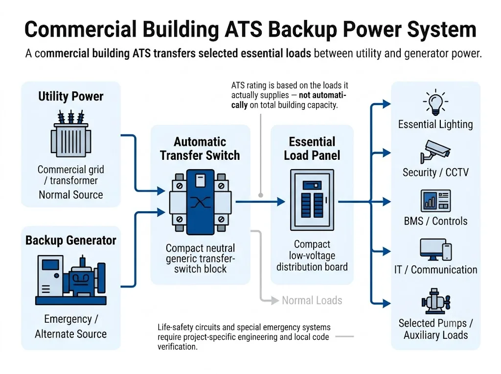 Commercial building automatic transfer switch backup power system diagram with utility, generator, ATS and essential load panel