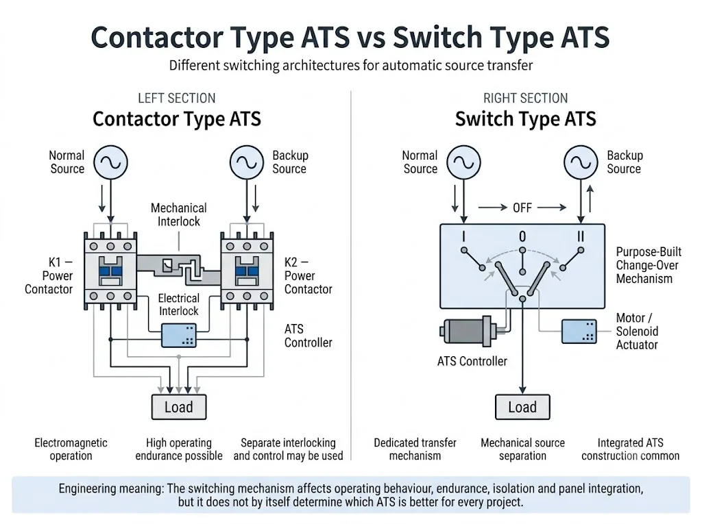 Contactor type ATS and switch type ATS internal structure comparison