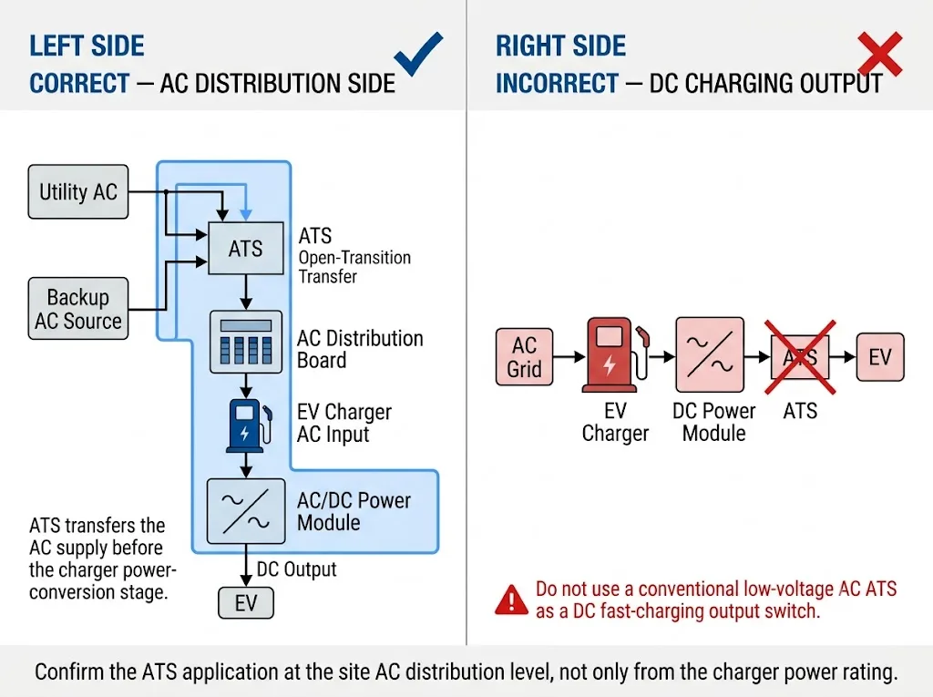 Correct and incorrect ATS positions in an EV charging station with AC-side transfer and DC-side misuse