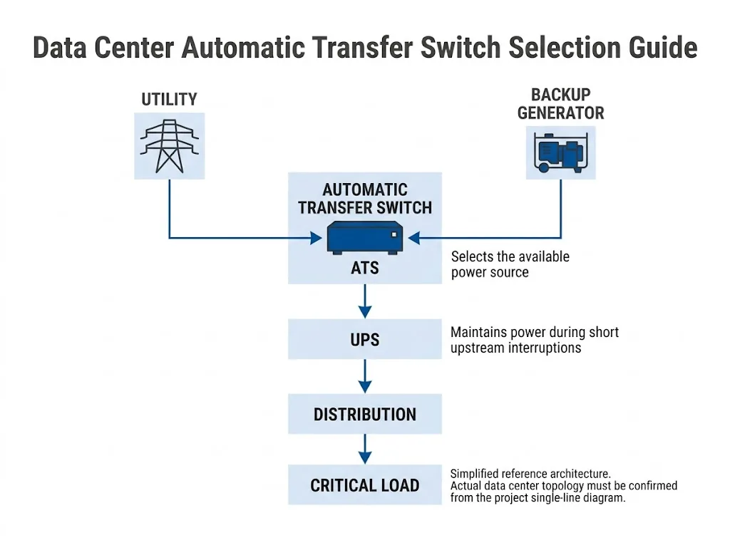 Data center ATS power architecture showing utility, generator, automatic transfer switch, UPS, distribution, and critical loads