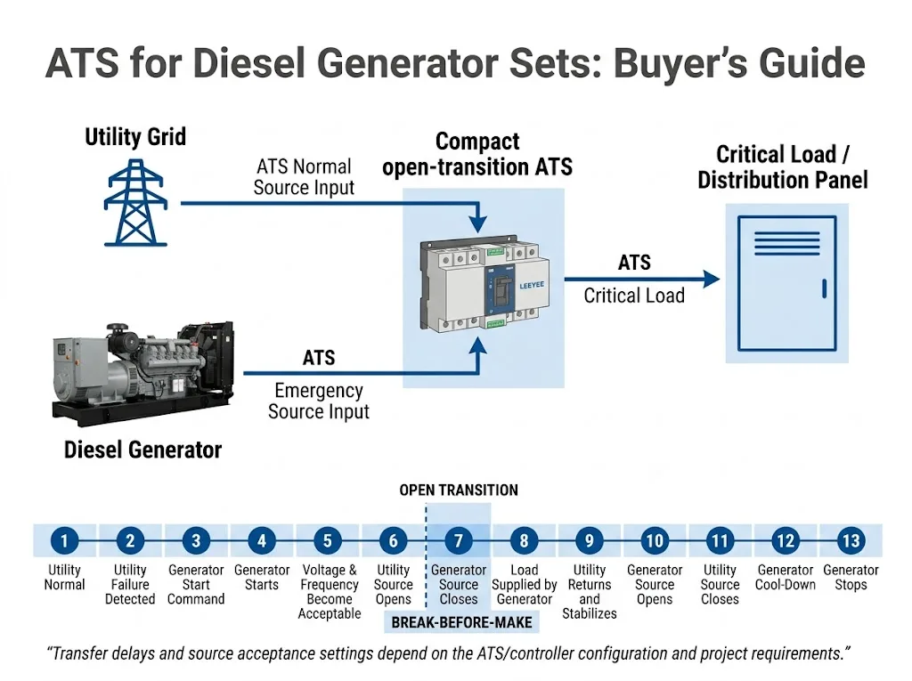 Diesel generator ATS automatic transfer sequence from utility failure to generator backup and utility recovery