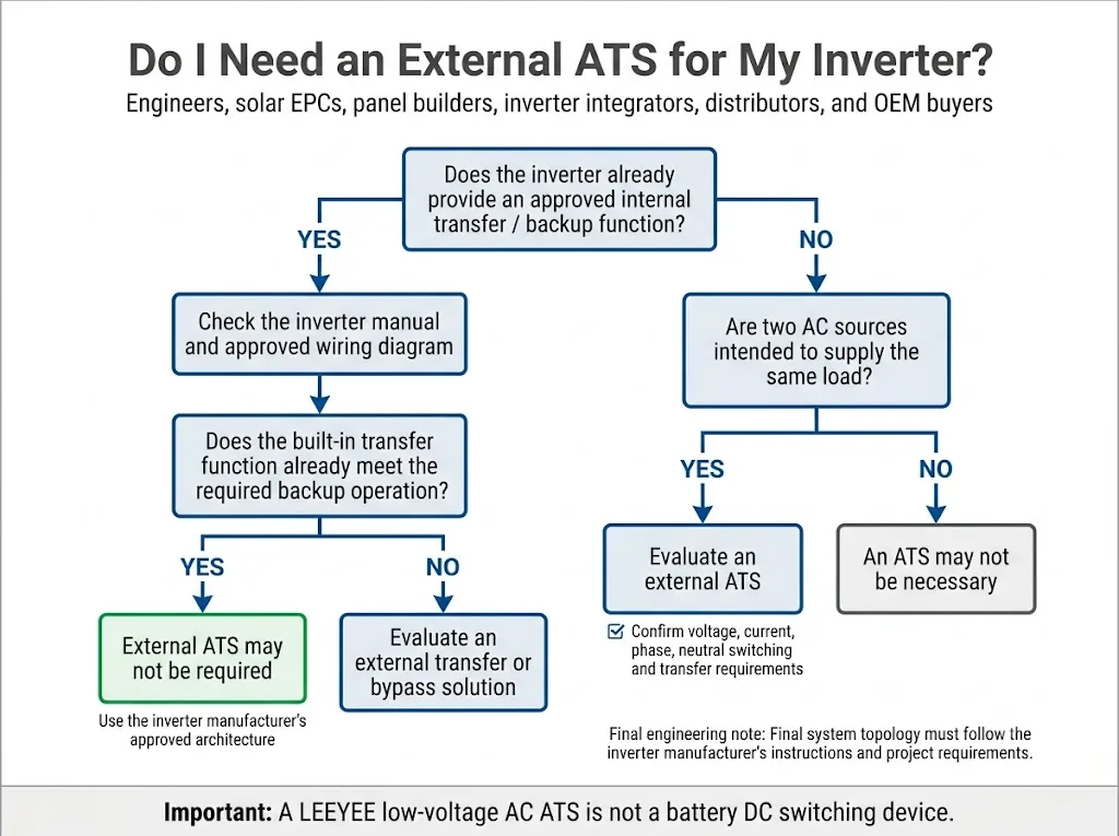 Decision flowchart showing when an inverter backup system may need an external automatic transfer switch