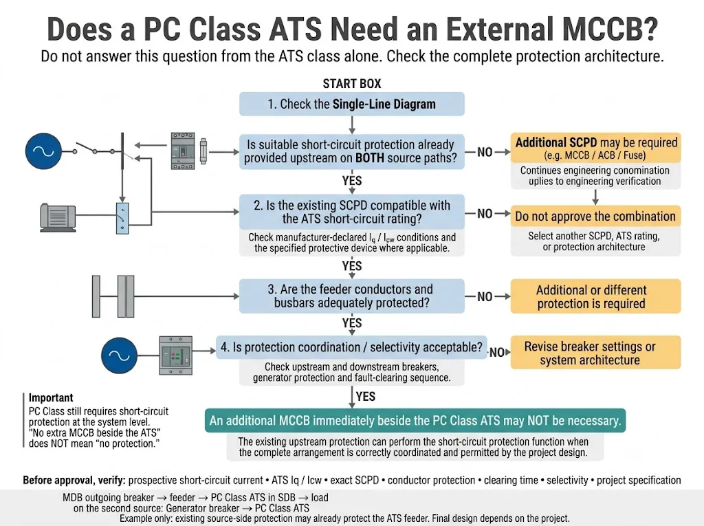 Decision flow explaining whether a PC Class ATS needs an additional external MCCB or fuse
