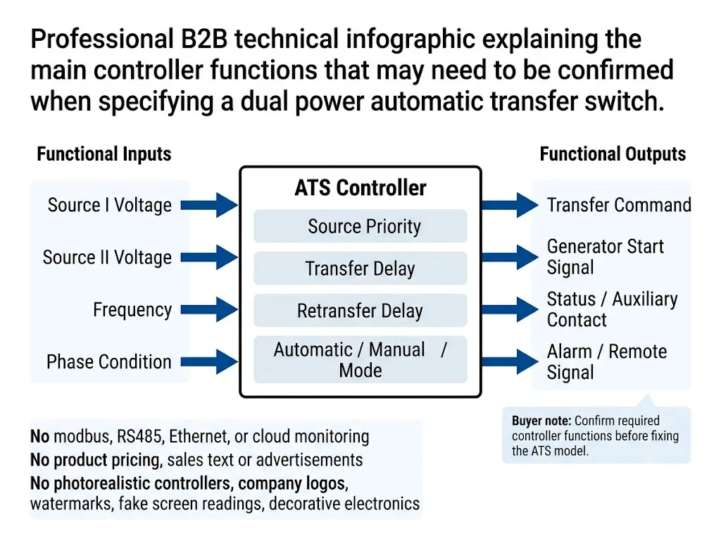 Dual power ATS controller functions including source monitoring transfer delay and generator start signal