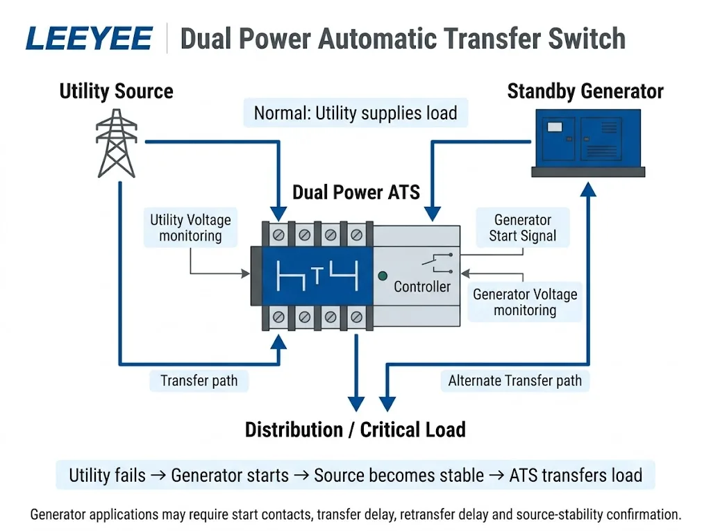 Dual power automatic transfer switch architecture for utility and standby generator power sources