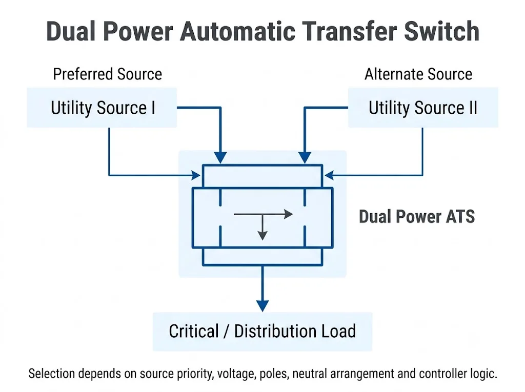 Dual power automatic transfer switch architecture for two utility power sources