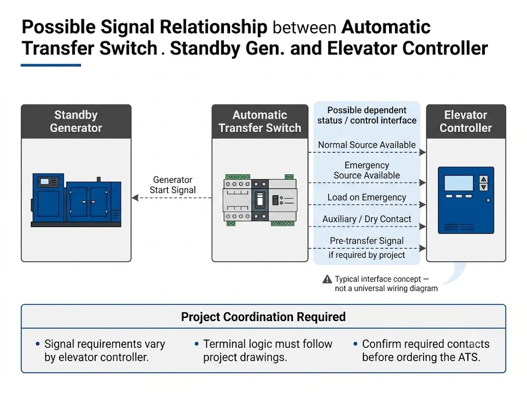 Elevator ATS and controller signal interface diagram showing generator start, source availability, emergency status and auxiliary contacts