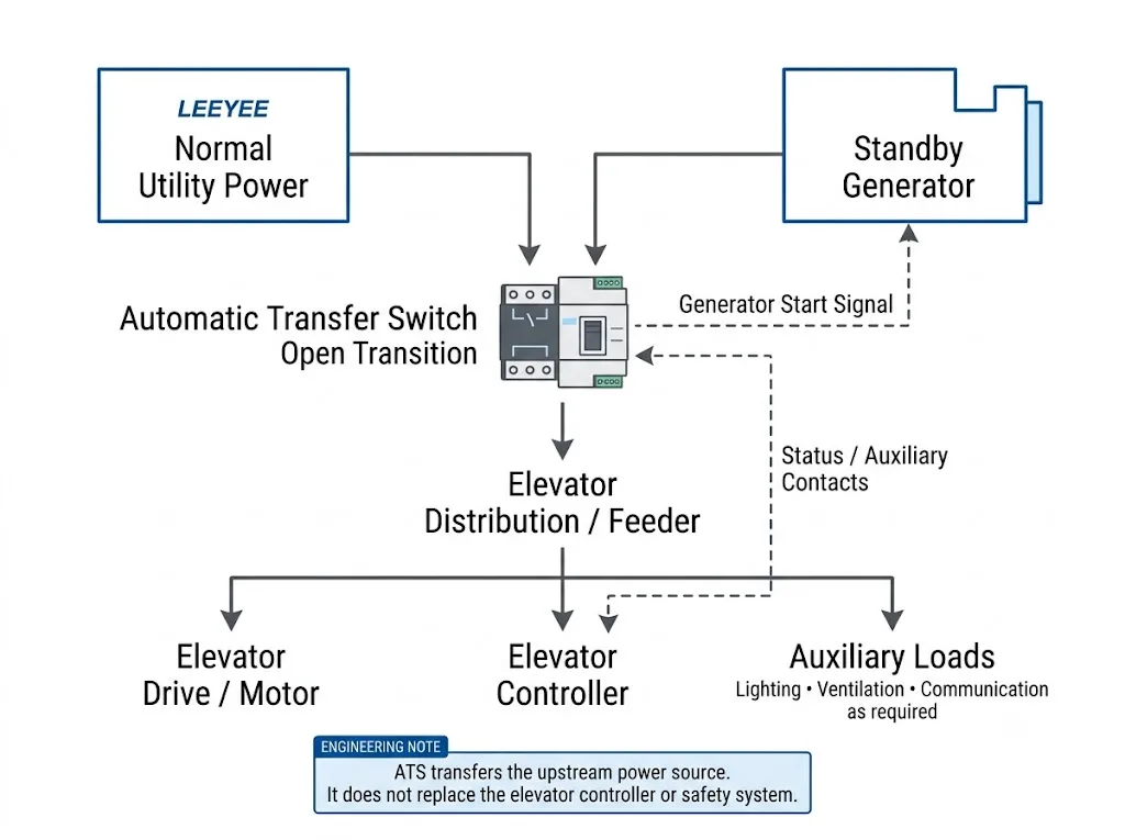 Elevator generator automatic transfer switch power system diagram showing utility, ATS, generator, elevator distribution, controller, drive and auxiliary loads