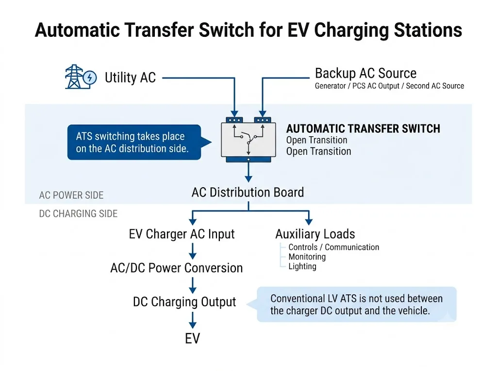 EV charging station ATS system diagram showing utility, backup AC source, ATS, distribution board and EV charger