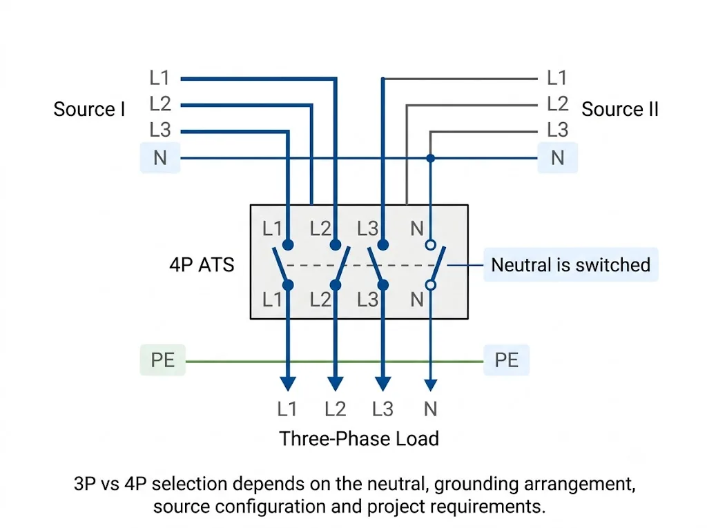 Four-pole automatic transfer switch diagram showing switched neutral in a three-phase system