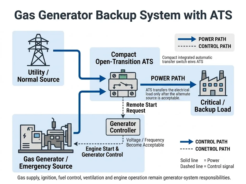 Gas generator ATS backup system diagram showing utility power, compact ATS, generator controller, gas generator and load