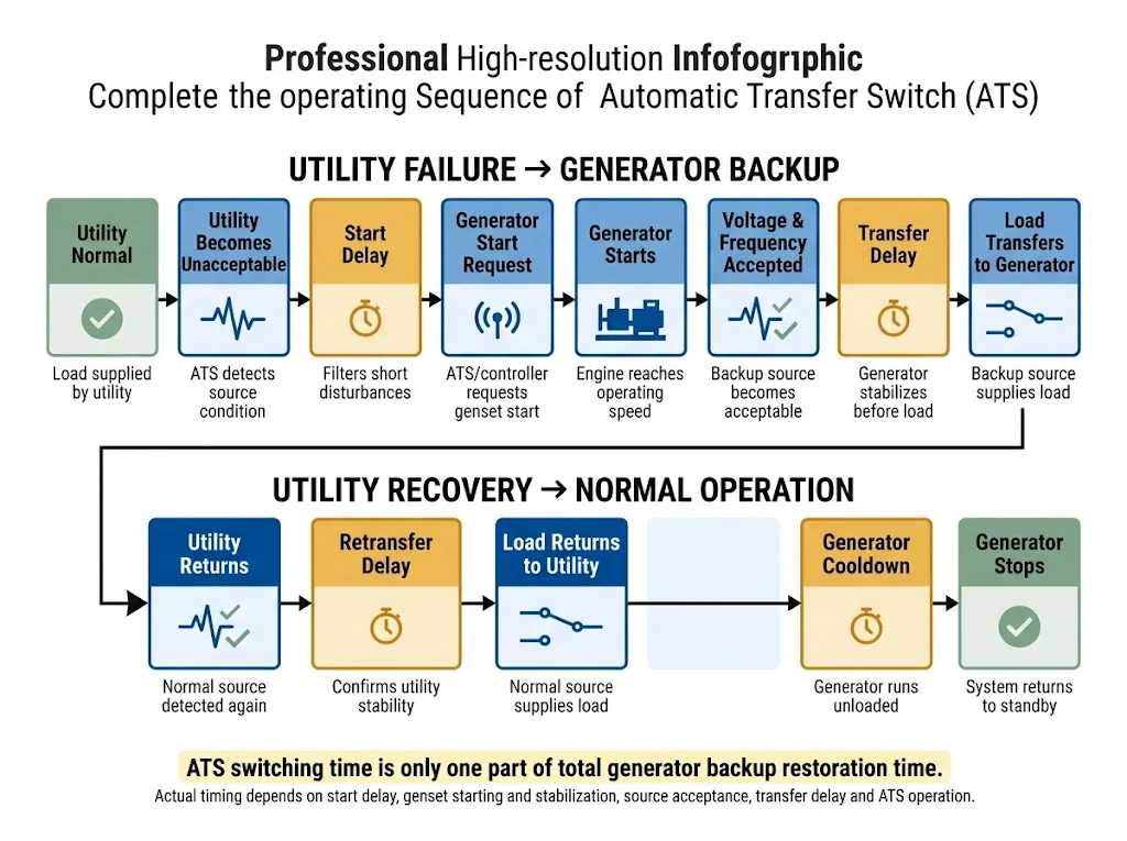 Generator ATS transfer sequence from utility failure through generator start, load transfer, utility return and cooldown