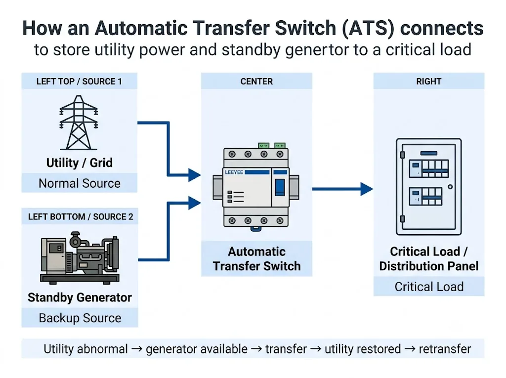 Generator backup automatic transfer switch system diagram showing utility supply, generator, ATS, and downstream load