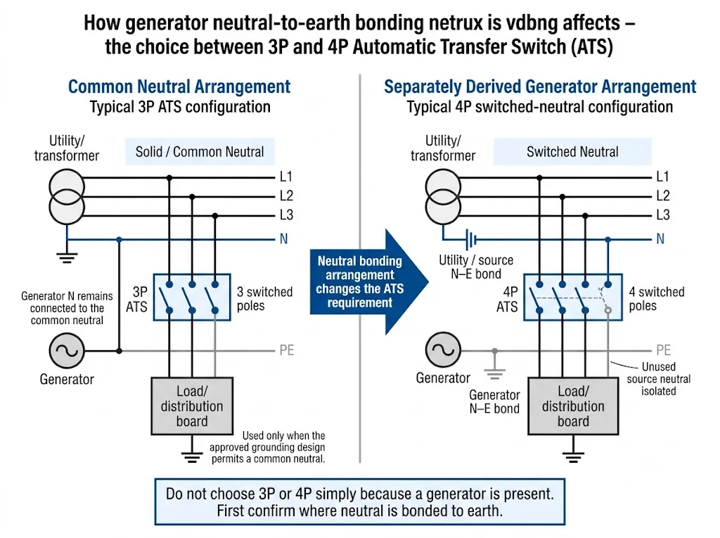 Generator neutral bonding diagram comparing common neutral 3P ATS and separately derived generator 4P switched neutral ATS