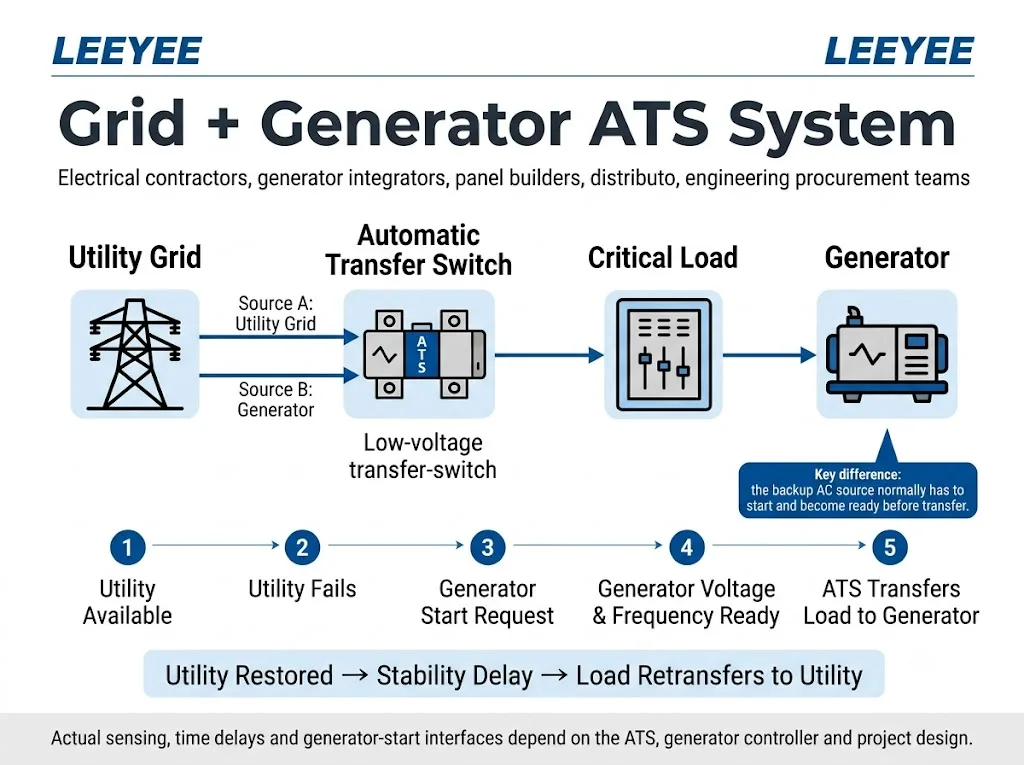 Grid and generator automatic transfer switch system diagram showing utility power, generator, ATS and load