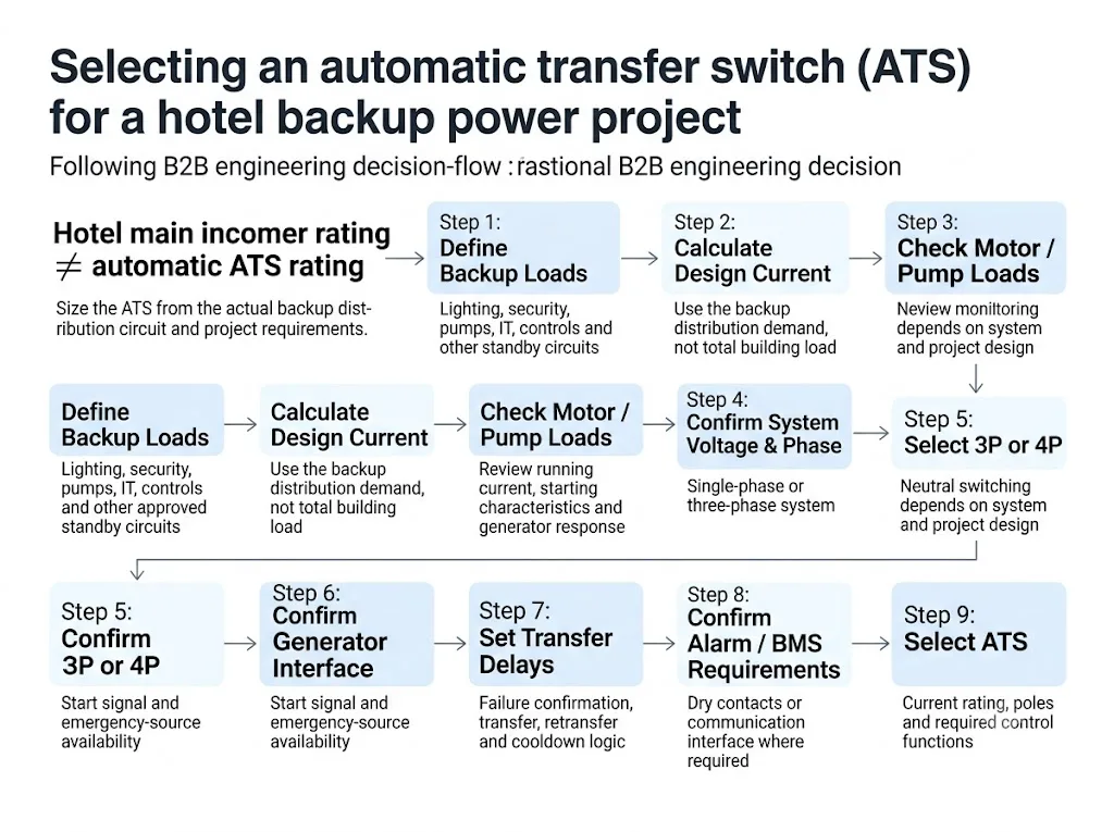 Hotel compact ATS selection process from backup loads to 2P or 4P configuration and generator interface