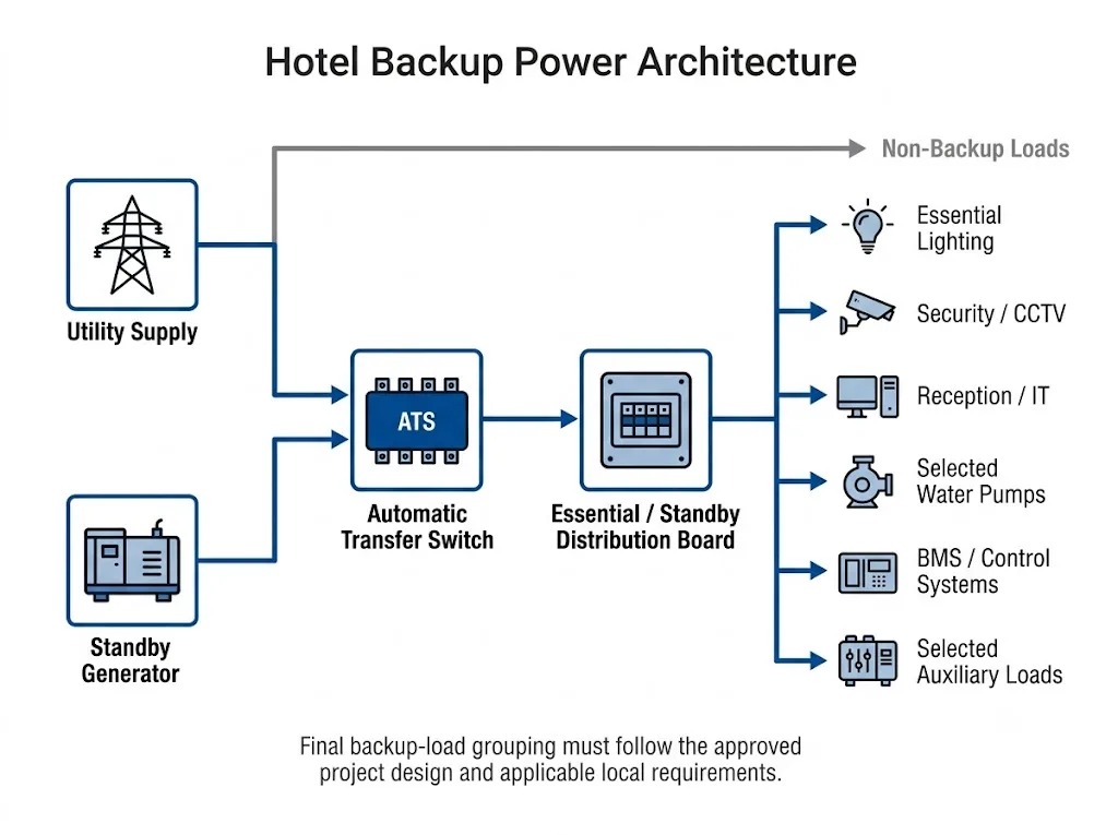 Hotel backup power architecture showing utility, generator, compact ATS and selected standby loads