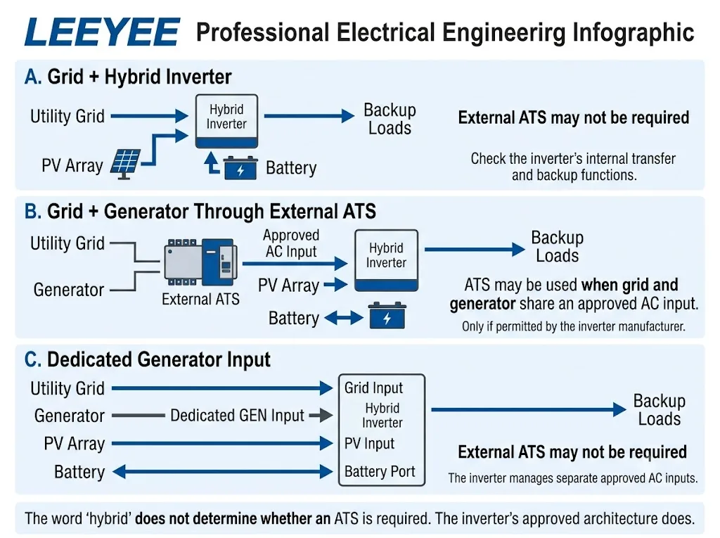 Comparison of three hybrid inverter architectures with and without an external ATS