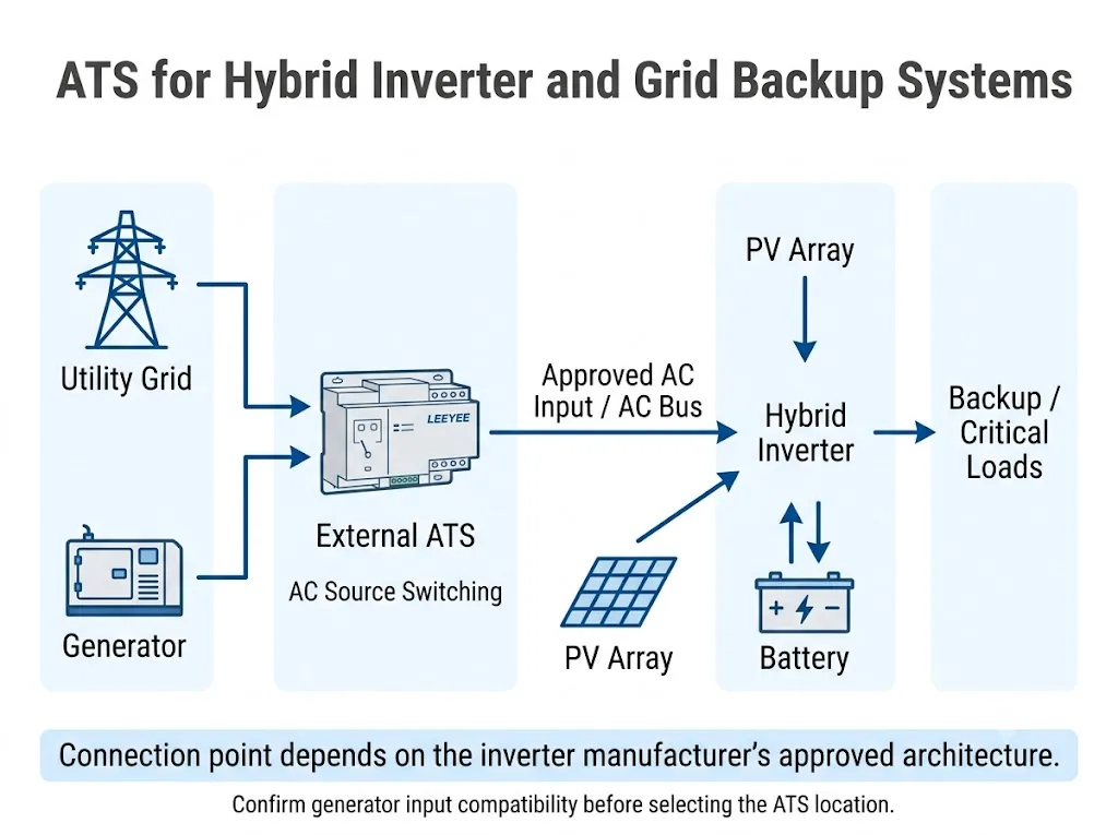 Hybrid inverter system diagram showing grid and generator switching through a compact ATS