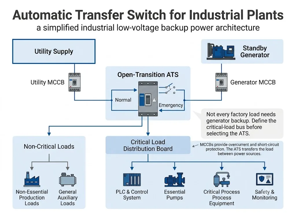 Industrial plant automatic transfer switch diagram showing utility, generator, protective devices, ATS and selected critical loads