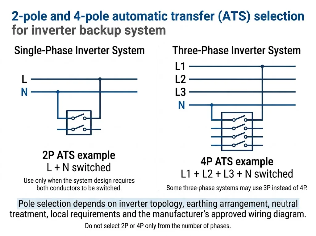 2P and 4P ATS pole selection diagram for single-phase and three-phase inverter backup systems