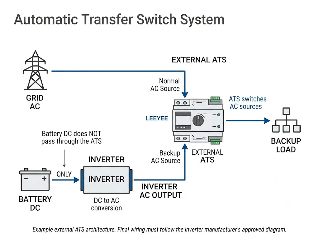 Inverter backup system diagram showing grid AC and inverter AC output connected to an external ATS and load