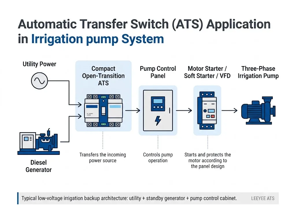 Irrigation pump ATS system architecture with utility power, diesel generator, pump control panel and motor