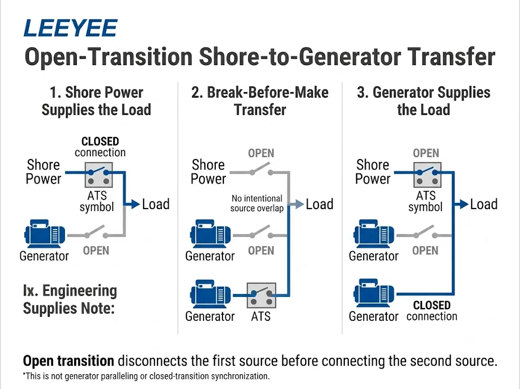 Open transition marine ATS switching sequence from shore power to generator