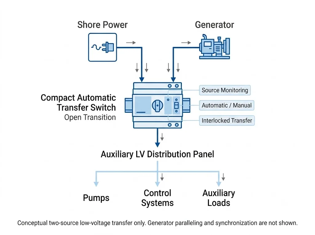 Marine automatic transfer switch diagram between shore power, generator and low-voltage auxiliary loads