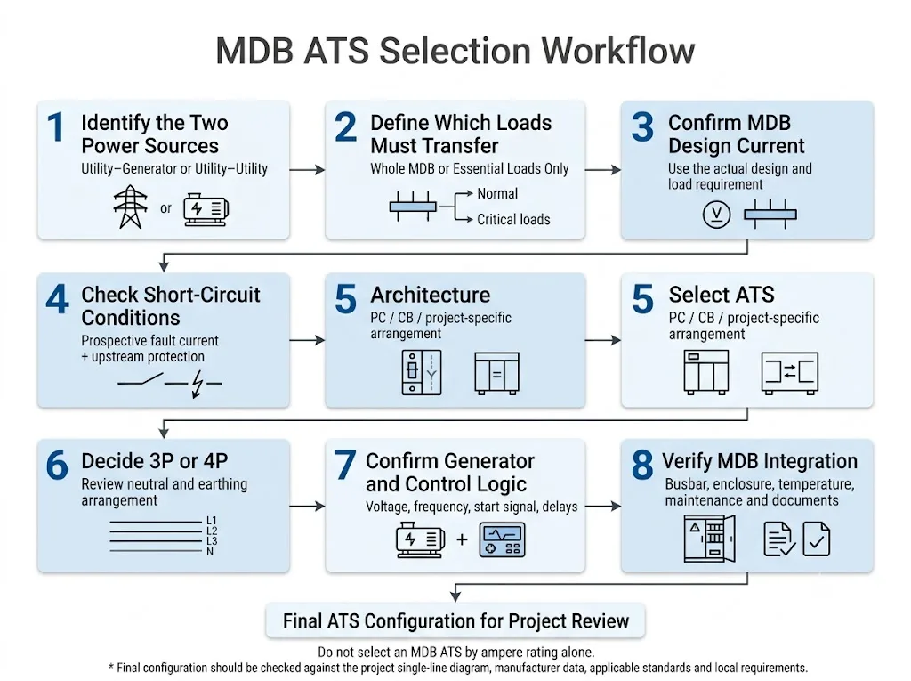 Main distribution board ATS selection workflow covering sources, current, short-circuit level, poles, neutral and generator data